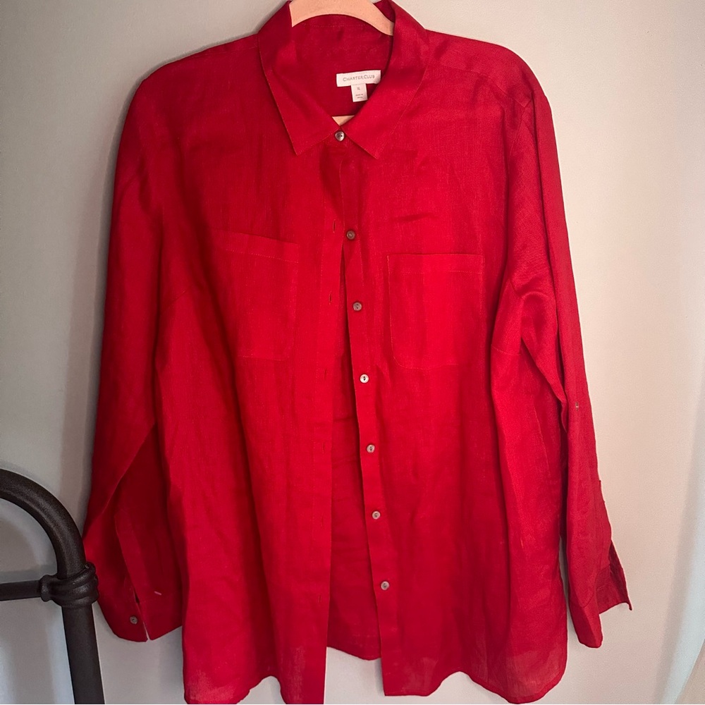 Ladies 100% Linen true Red Button-Up Tunic length Shirt.